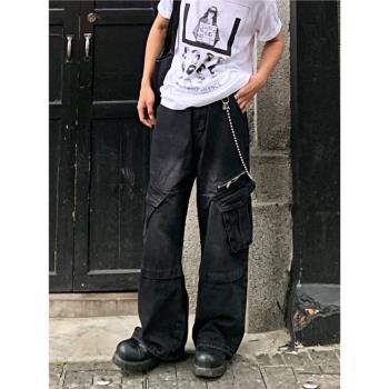 拉鏈大口袋工裝牛仔褲男女美式潮牌嘻哈寬松水洗做舊闊腿拖地長褲
