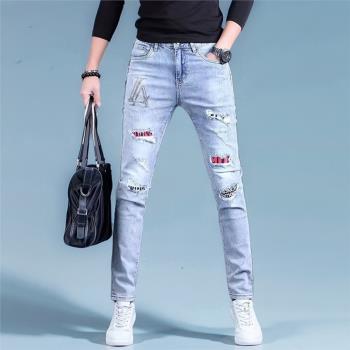 歐洲站高階燙鉆刺繡牛仔褲男潮牌彈力修身小腳褲九分褲子百搭休閑