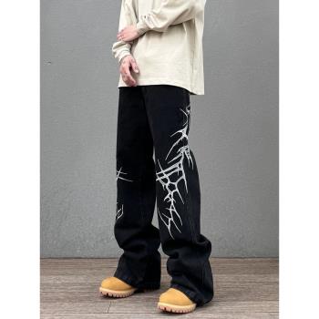 美式高街復古荊棘刺繡小眾設計牛仔褲男寬松直筒休閑百搭潮牌長褲