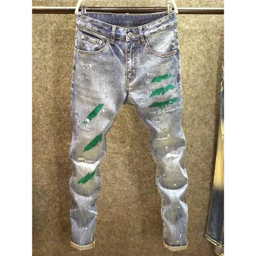 破洞補丁牛仔褲男韓版修身小腳網紅時尚百搭彈力涂鴉潑墨長褲秋季