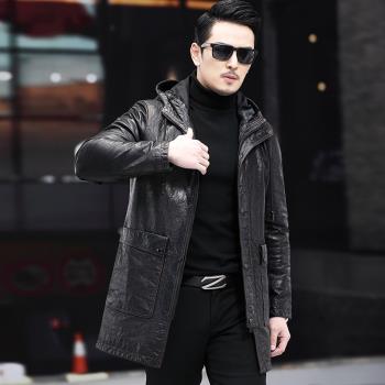 真皮皮衣男連帽中長款風衣外套油蠟頭層牛皮桑絲棉羽絨服長大衣冬