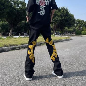 歐美vibe風字母植絨刺繡直筒牛仔褲男美式街頭高街寬松休閑長褲子