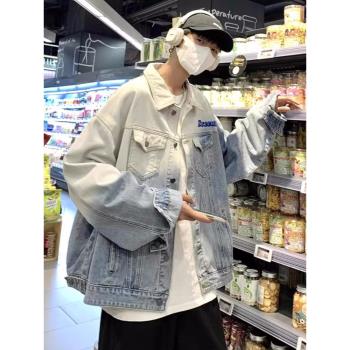 漸變色牛仔外套男設計感小熊刺繡上衣春季新款美式復古工裝夾克潮
