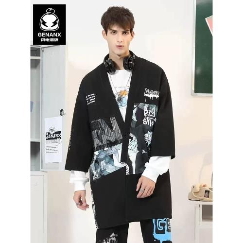 GENANX閃電潮牌中長款風衣卡通漫畫印花個性網布拼接早秋薄款外套