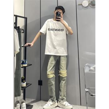 夏季款高街風膝蓋破洞補丁牛仔褲男潮牌網紅潮復古寬松拉鏈直筒褲