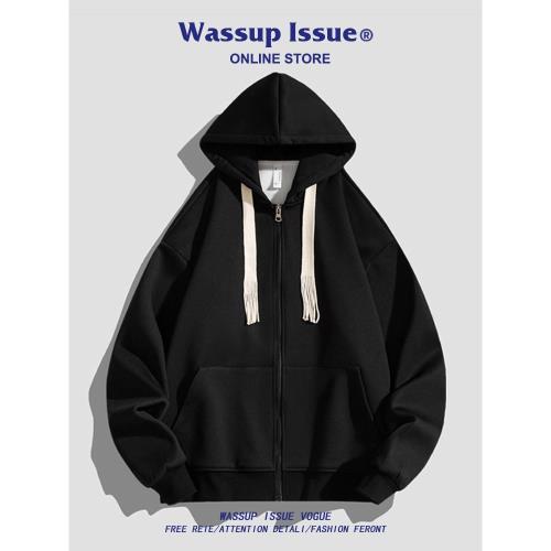 WASSUP ISSUE簡約開衫連帽衛衣男款春秋潮牌慵懶風寬松情侶外套男