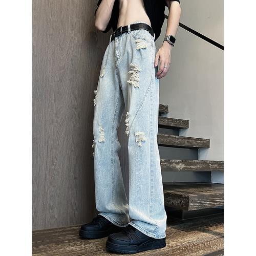 美式復古水洗做舊破洞牛仔褲男夏季高街vibe痞帥設計感直筒微喇褲