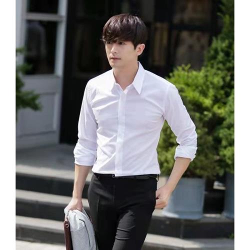 男士純白色商務職業棉質長袖襯衫青年韓版修身英倫婚禮發型師襯衣