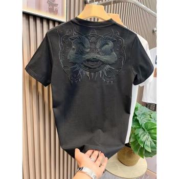 中國風醒獅刺繡短袖t恤男士2024夏季純棉休閑半袖體恤青年打底衫