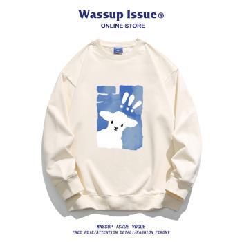 WASSUP ISSUE小眾印花圓領衛衣男士春秋潮牌寬松休閑情侶外套男款