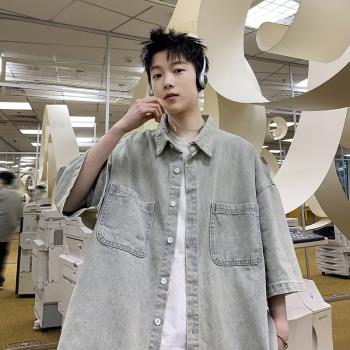 牛仔短袖襯衫夏季薄款五分袖上衣2023新款男裝痞帥襯衣工裝外套潮