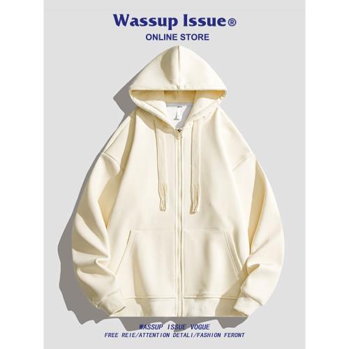 WASSUP ISSUE日系開衫連帽衛衣男士春秋純色簡約情侶款休閑外套男