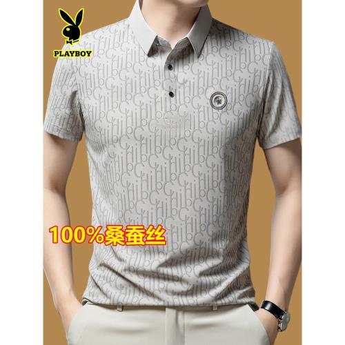 花花公子中年短袖t恤男夏季桑蠶絲POLO衫爸爸裝休閑薄款冰絲半袖T