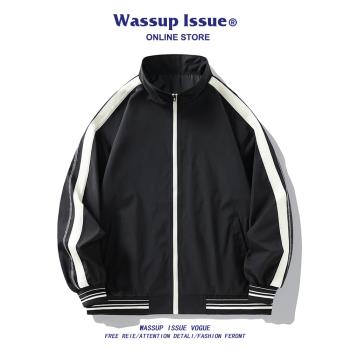 WASSUP ISSUE美式撞色拼接外套男款春秋季潮牌寬松情侶立領夾克男