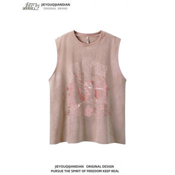 歐美高街復古卡通人像無袖背心男女寬松Oversize麂皮絨坎肩馬甲夏