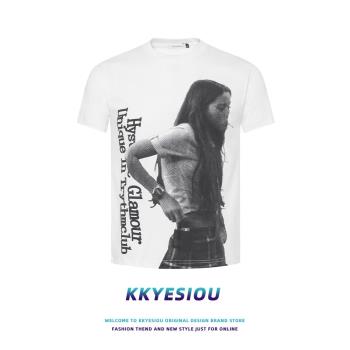 KKyesiou索羅那設計感窄版修身短袖T恤男女美式街頭潮牌情侶上衣