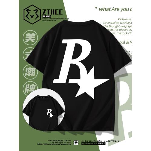 復古夏季簡約印花t恤潮牌ins美式高街百搭簡約寬松潮流短袖男半袖