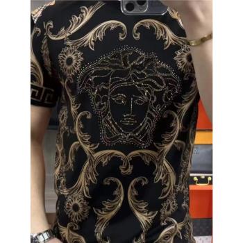 歐貨輕奢高品質男士商務休閑時尚潮流圓領半袖美人頭修身上衣3883