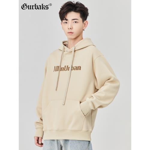 GURBAKS秋冬新款連帽衛衣男士潮牌美式加絨寬松上衣印花重磅帽衫