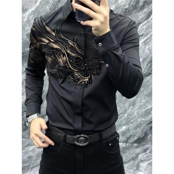 秋季新款帥氣彈力時尚商務休閑男士修身無痕百搭高檔燙鉆長袖襯衫