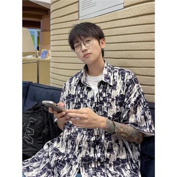 5分袖襯衫男高級感外套夏季薄款扎染短袖襯衣夏威夷半袖寸衫上衣
