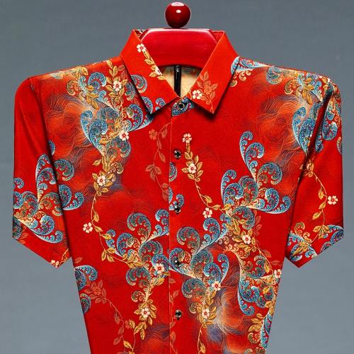 夏季短袖襯衫男恒源祥涼感冰絲休閑印花襯衣中老年桑蠶絲碎花寬松