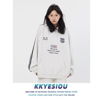 KKyesiou美式復古潮牌刺繡三條槓連帽衛衣男女oversize情侶春外套