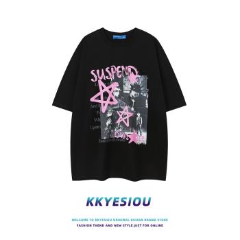 KKyesiou美式復古潮牌塗鴉短袖T恤男女設計感vintage情侶純棉上衣