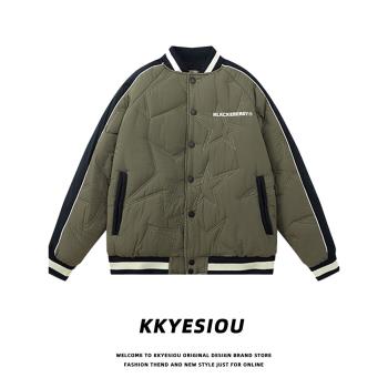 KKyesiou美式復古刺繡夾棉加厚工裝棉衣男女飛行員棒球服情侶外套