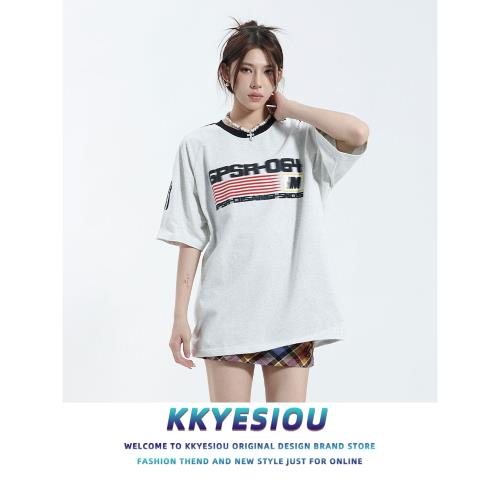 KKyesiou潮牌設計感美式復古情侶短袖T恤男女oversize運動夏上衣