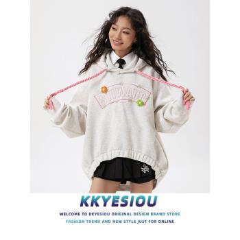 KKyesiou美式復古潮牌刺繡情侶連帽衛衣男女oversize粗繩系帶外套