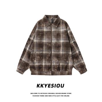 KKyesiou美式復古潮牌刺繡情侶長袖襯衫男女oversize寬松百搭外套