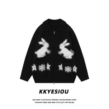 KKyesiou美式復古兔子提花針織衫外套男女學院風黑色寬松情侶毛衣