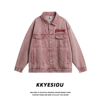 KKyesiou美式復古刺繡水洗牛仔夾克男女oversize設計感bf情侶外套