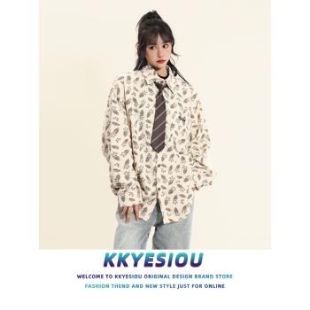 KKyesiou美式復古碎花學院風長袖襯衫男女vintage領帶設計感外套