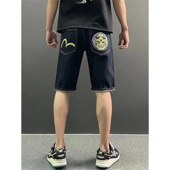 櫻花龍圖騰刺繡牛仔短褲男迷彩薄款水洗拉鏈中褲夏季冠希褲福爺神