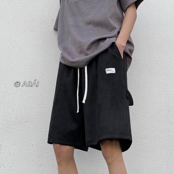 黑色工裝短褲男夏季潮牌美式街頭hiphop嘻哈褲麂皮絨五分休閑中褲