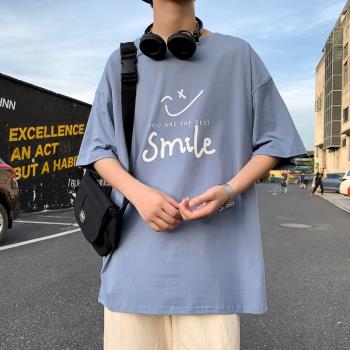 ins短袖t恤男夏季2024新款男生潮流潮牌港風純棉寬松笑臉半袖衣服