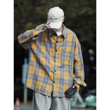 日系慵懶風格子襯衫男秋季新款寬松休閑長袖襯衣外套男士工裝上衣