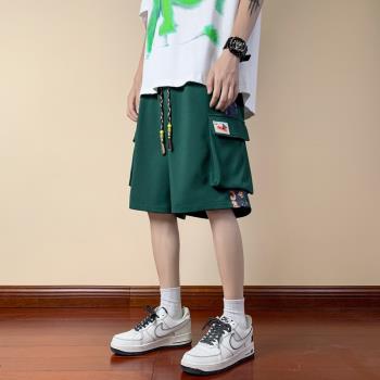 大口袋工裝短褲男美式復古拼接oversize褲子夏季休閑寬松五分褲薄