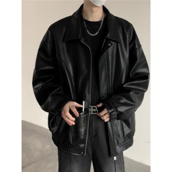 皮衣外套男美式復古機車派克服春秋款青少年痞帥PU皮夾克翻領上衣