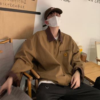 美式復古咖棕色翻領外套男款春秋季穿搭高階感情侶襯衫式工裝夾克
