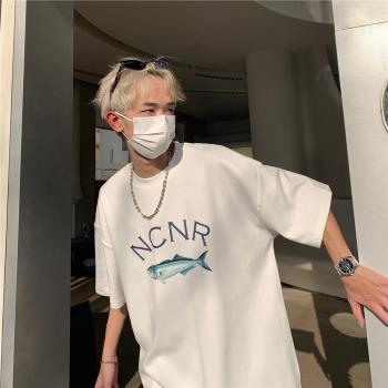 短袖男款夏季薄款寬松半袖上衣美式高街vintage五分袖t恤男生體恤