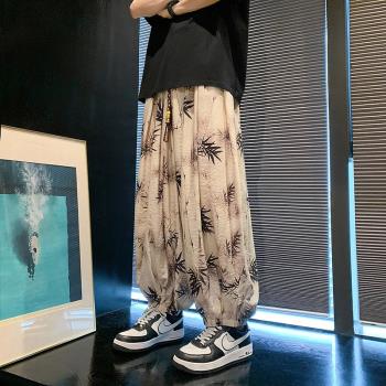 水墨畫褲子男大碼寬松哈倫褲秋季中國風復古束腳燈籠褲九分休閑褲