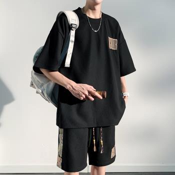 短袖t恤男夏季套裝新中式男裝休閑運動服一整套搭配短褲兩件套夏