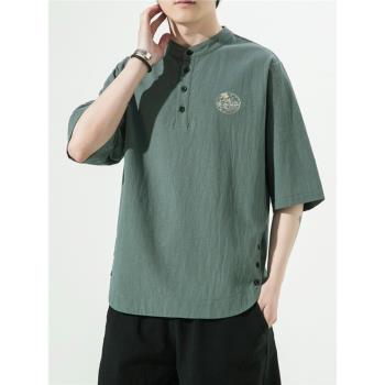 亞麻短袖男中國風唐裝男款中式復古t恤夏季薄款棉麻上衣半袖體恤