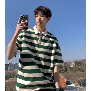條紋短袖polo衫男夏季高階感潮牌大碼翻領t恤日系男裝半袖體恤衫