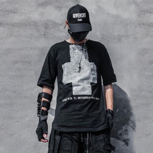 夏季高街潮牌做舊破洞十字架印花半袖T恤個性暗黑風修身短袖上衣