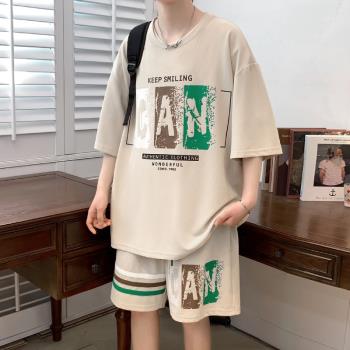 青少年運動服套裝男夏季寬松休閑學生穿搭一整套短褲短袖兩件套裝