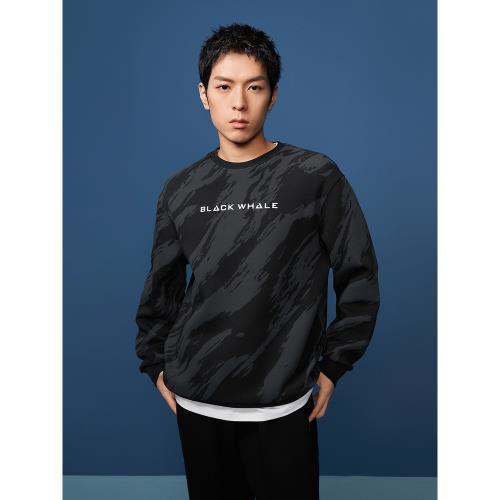 海瀾之家旗下黑鯨HLAJEANS潮牌水波紋滿印衛衣男字母印花寬松圓領